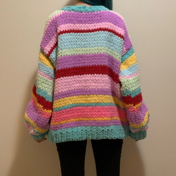 Purple Pink Green Blue Colorful Striped Star Chunky Chenille Knit Sweater Y2k - Picture 2 of 4